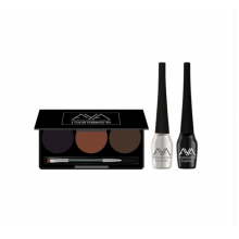 AYA Set Of Eyebrow Cake 3 Colour Kit & 2 Waterproof Liquid Eyeliner - Black & Silver